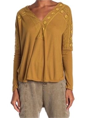 Free People Lola Lace Top Alchemy Mustard Gold LaceV-Neck Long Sleeve Top Sz L